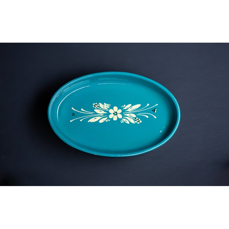 Plat Ovale - Turquoise - Fleurs